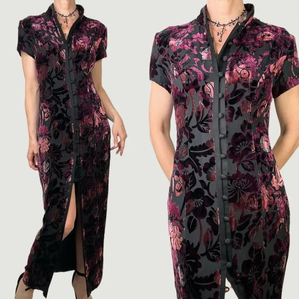 SOLD Jones New York velvet floral burnout maxi dress gown silk cheongsam - Picture 1 of 14